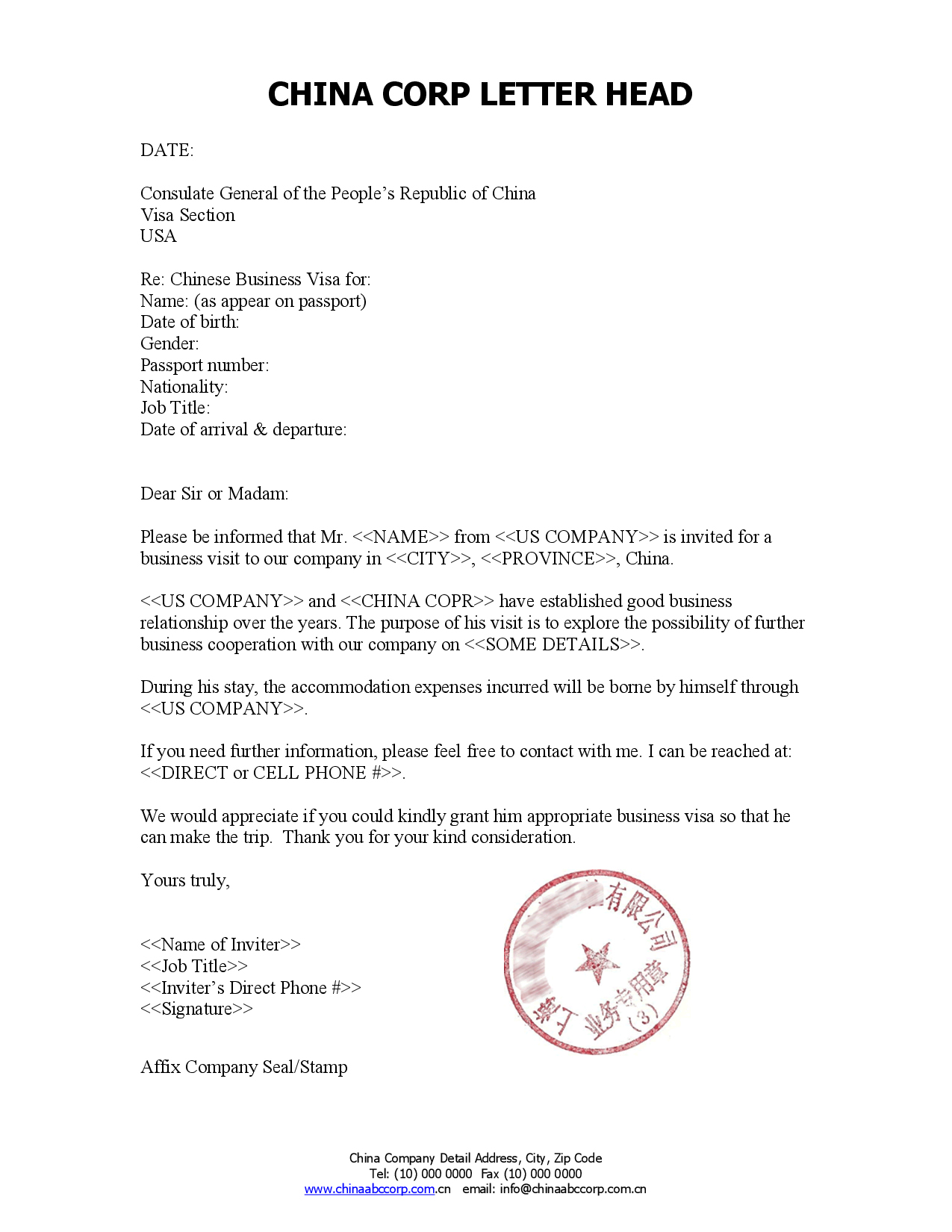 sample letter for business visa